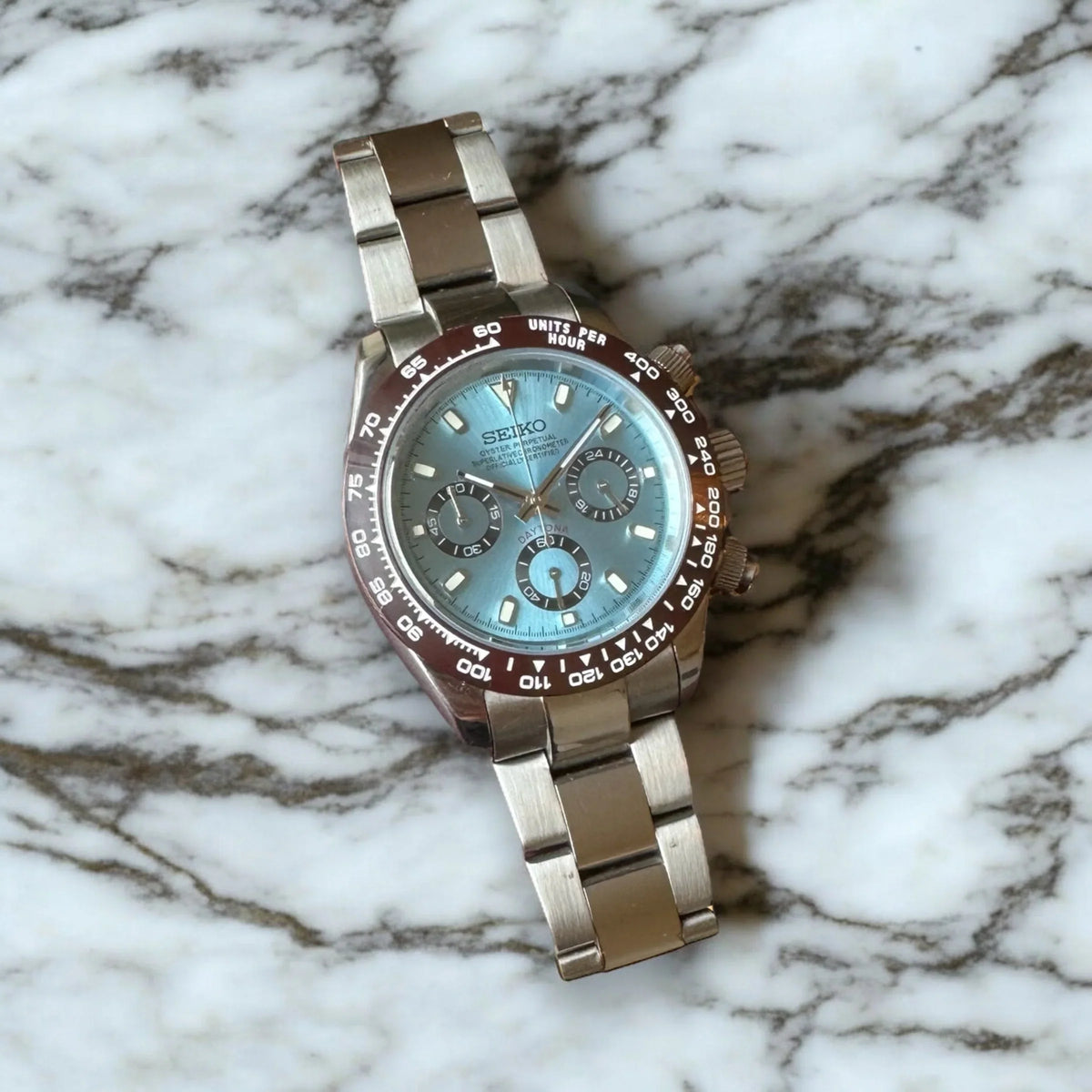 Seiko Mod Daytona "Bleu glacier et marron"