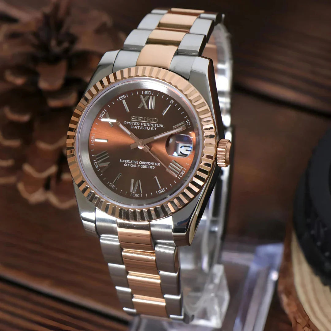 Seiko Mod Datejust "Bicolore or rose chocolat, chiffres romains"