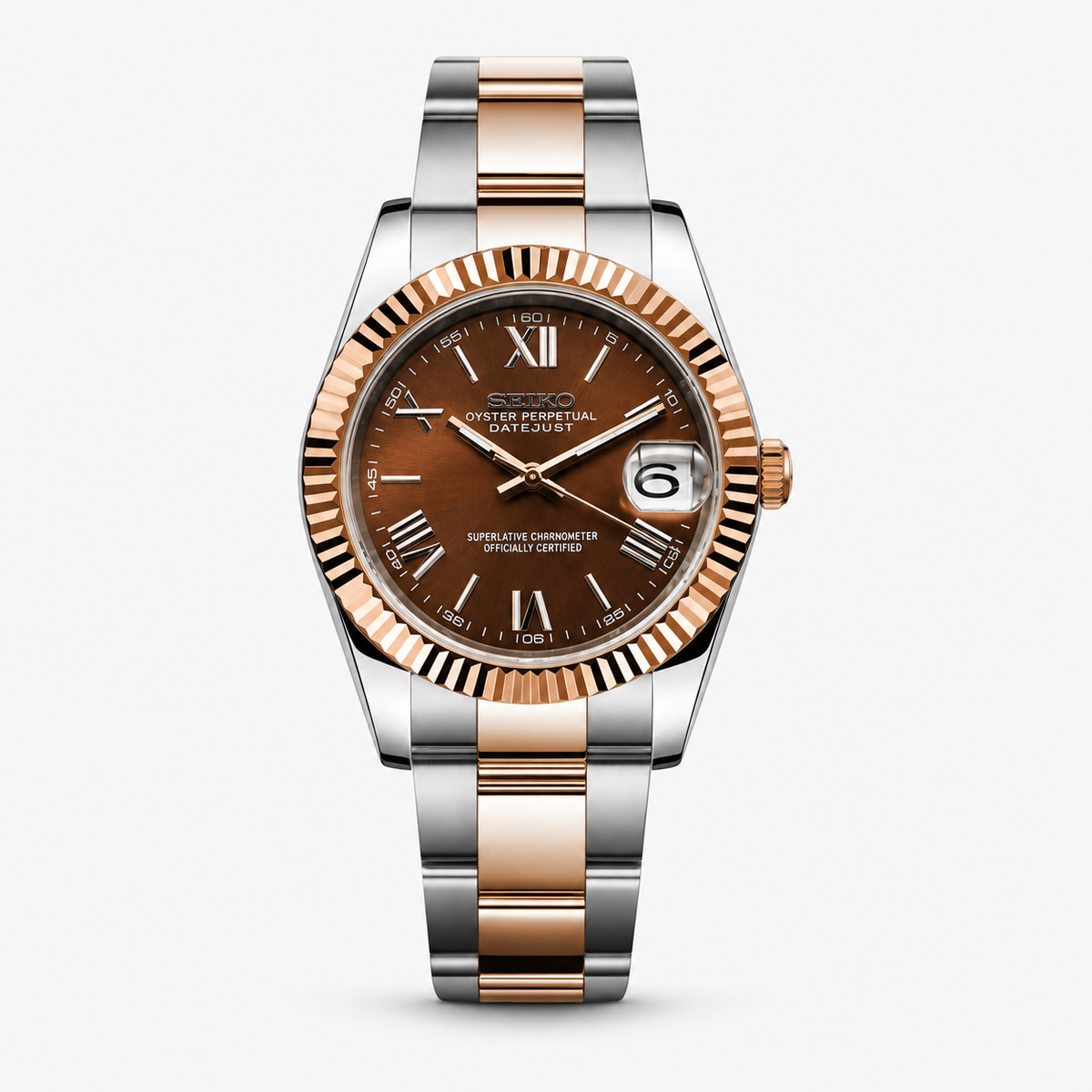 Seiko Mod Datejust "Bicolore or rose chocolat, chiffres romains"