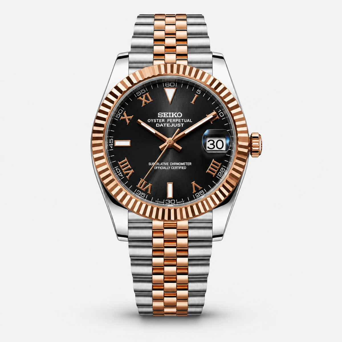 Seiko Mod Datejust "Bicolore or et noir, chiffres romains"